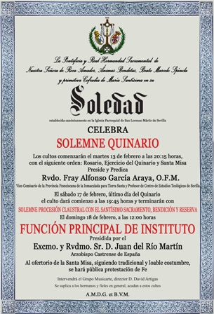 Convocatoria del Solemne Quinario y Función Principal 2018