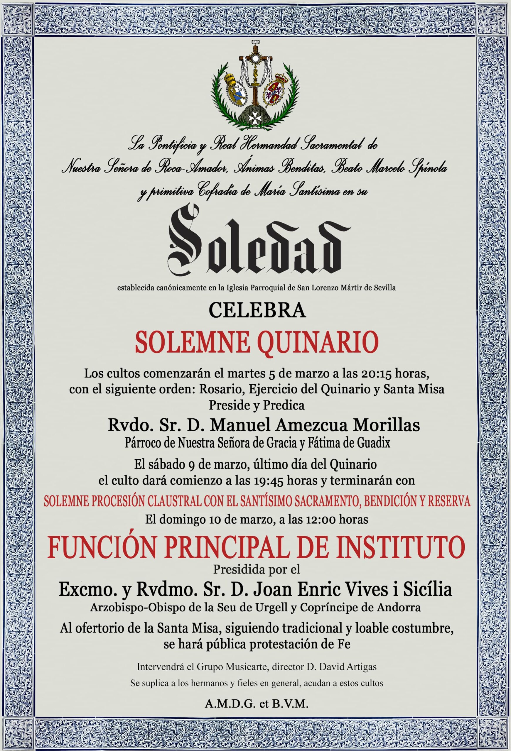 Convocatoria del Solemne Quinario y la Función Principal de Instituto