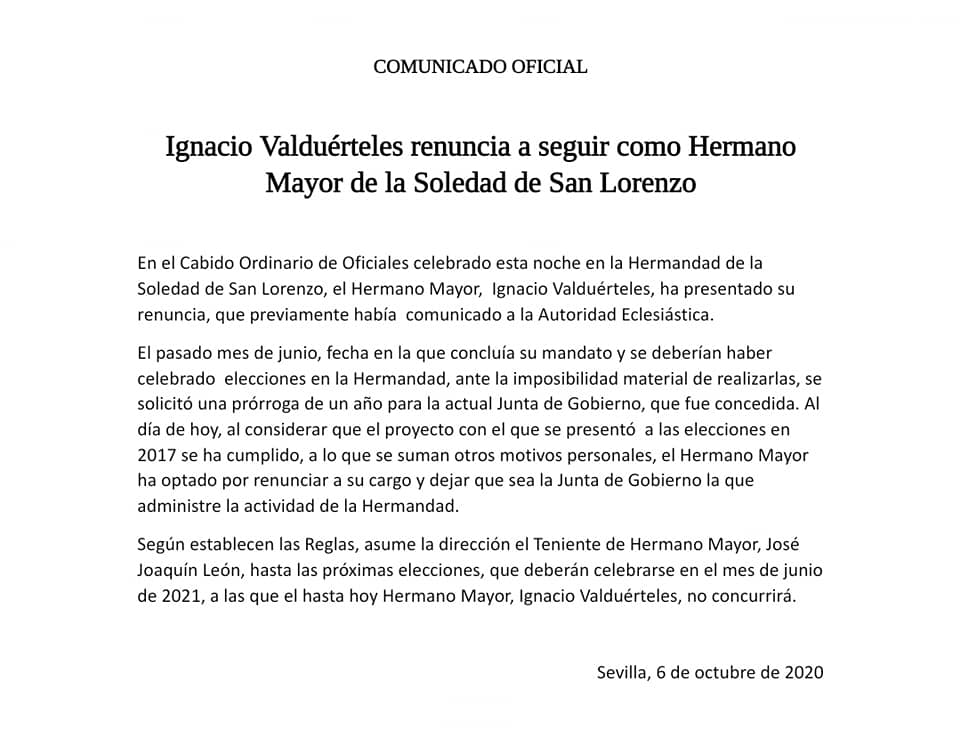 COMUNICADO DE DIMISIÓN DEL HERMANO MAYOR